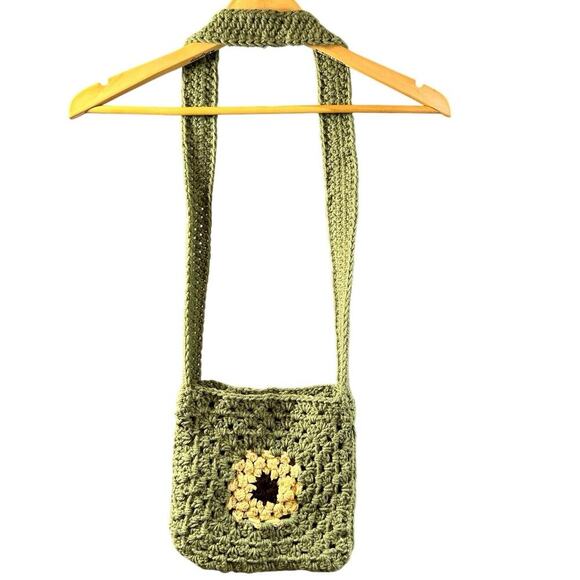 Handmade crochet Sage Green with Yellow Flower Open Knit Boho Festival Crossbody - Picture 2 of 4